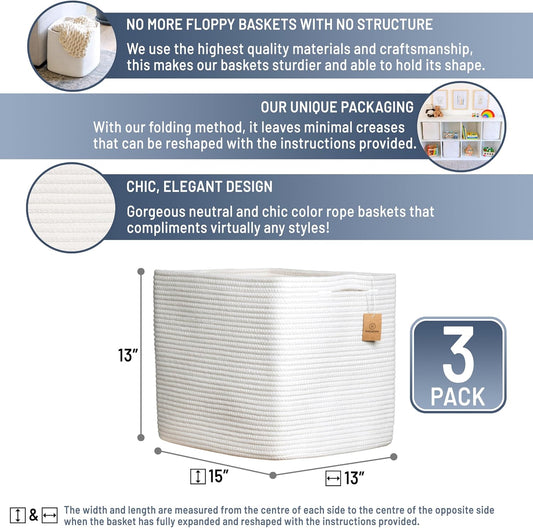 NaturalCozy 13x15x13 Kallax Storage Cubes, 3 Pack | Cotton Rope Cube Storage Bins Woven Baskets for Organizing | Kallax Insert Baskets for Shelves Organizer, Kids Toy, Pantry, Closet, Baby Nursery
