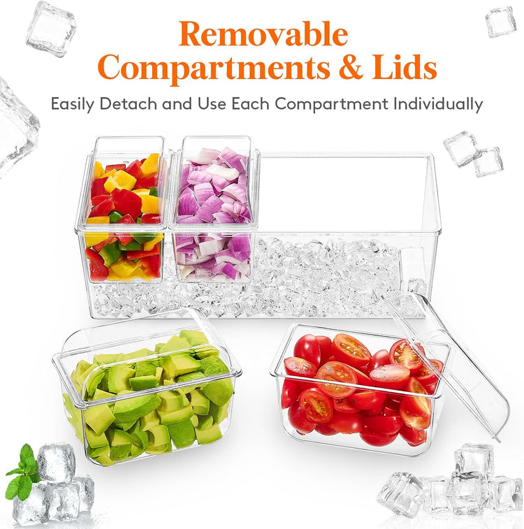 Lifewit Taco Bar Serving Set for Party with 4 Containers(2.5 Cup) & Components, Large Ice Chilled Condiment Caddy Organizer, Garnish Serving Tray Platter for Mimosa Bar Accessories, Fruit, Salad, Food