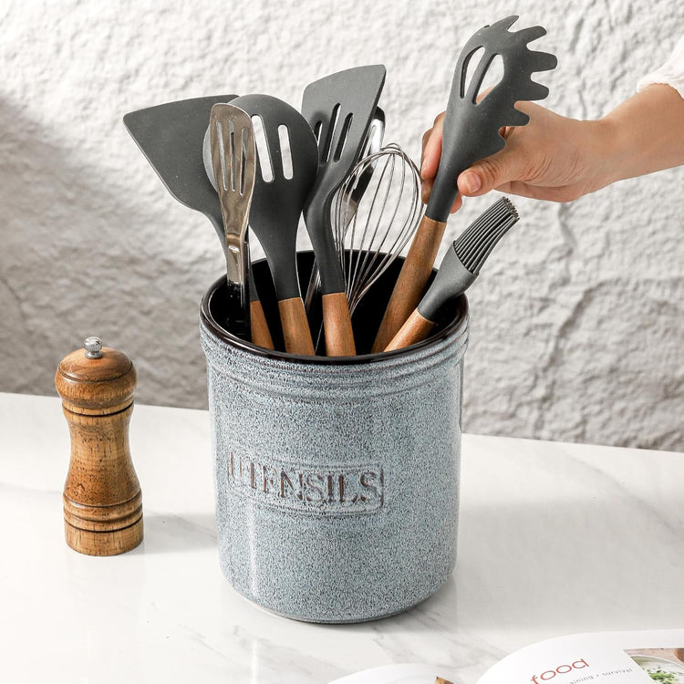 HVH Kitchen Utensil Holder for Countertop, 6 x 7 inch Large Utensil Holder, Ceramic Utensil Crock, Farmhouse Kitchen Décor, Deep and Heavy (Wabi sabi)