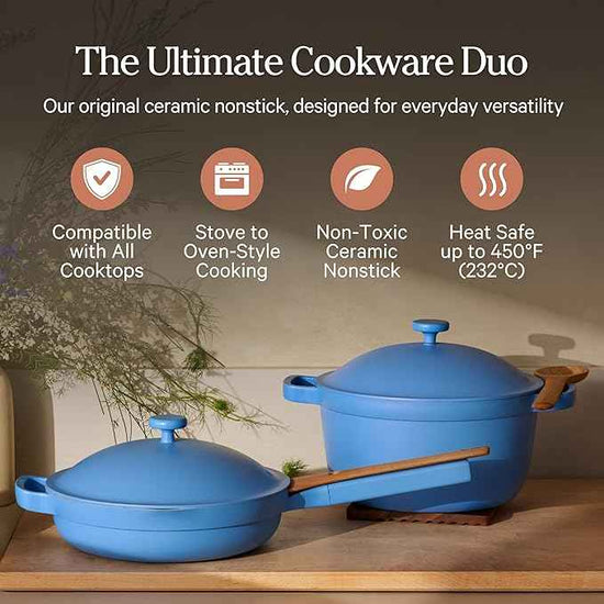 Our Place Cookware Duo | 7-Piece Ceramic Cookware Set with 10.5" Always Pan 2.0, 5.5 Qt Perfect Pot & Strainer Basket | Induction & Oven Safe up to 450°F | Nonstick, Non-Toxic | Forget-Me-Not Blue