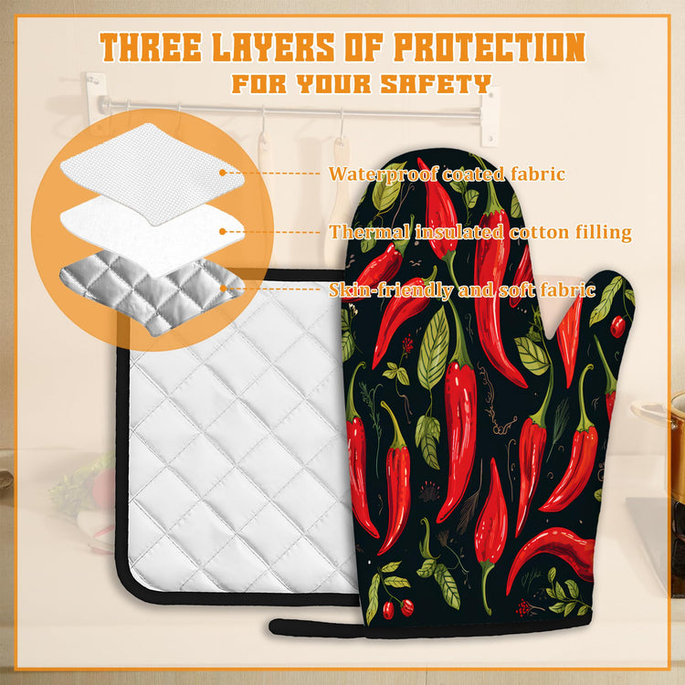 Red Pepper Oven Mitts and Pot Holders Set (4 Count)
