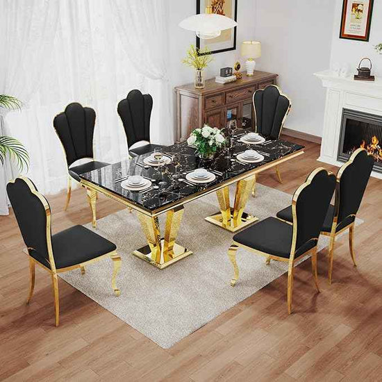 AF ARTISAN FURNITURE 7 Piece Luxury Dining Room Set, Modern Dining Table and Upholstered Chairs Set, Marble Kitchen Table Set for 6, Big Kitchen Dinner Tables Kit with Gold Base