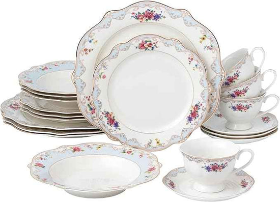 Joseph Sedgh Collection "Romantic Bloom" 20-Piece Bone China Dinnerware Set, Service for 4, Floral with Blue and Gold Trim