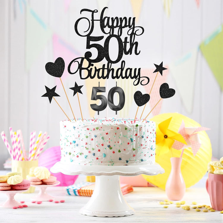 50th Birthday Cake Decorations, 50th Birthday Candles Cake Numeral Candles and Glitter Happy 50th Birthday Cake Toppers Set for Birthday Party Supplies (Black)