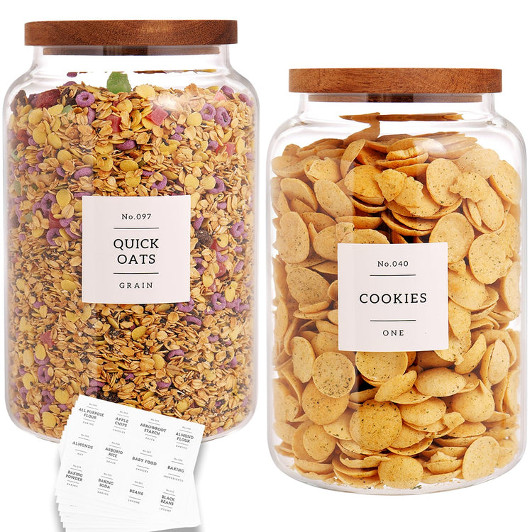 Set of 2 Large Glass Flour and Sugar Containers with 132 Pantry Labels (2 Count)