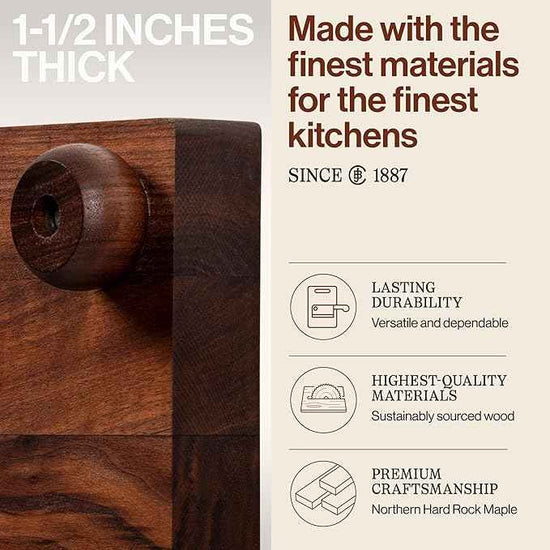 John Boos B Series Square Wooden Walnut Cutting Board 9”x9” – 1.5” Thick, 3-lb Non-Reversible Butcher Block with Wood Bun Feet & Edge-Grain