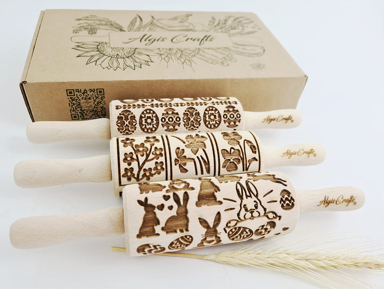EASTER 3 Mini Embossed Rolling Pin Set. Wooden Laser Cut Embossing Rolling Pins for Embossed Cookies. Easter