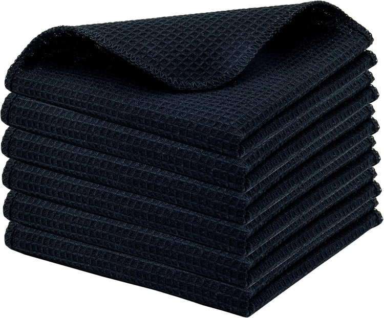PurpleEssences Dish Cloths and Dish Rags - 6 Pack Waffle Weave Solid Kitchen Dish Wash Cloths, 100% Cotton, 12 x 12 Inches, Ultra Soft Absorbent Quick Drying - Spring Summer - Black - Nestoria