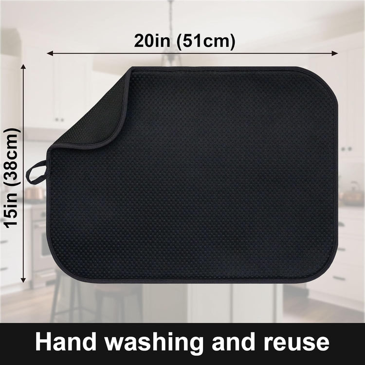 2-Pack Black Dish Drying Mats 20" x 15" – XL Dish Drying Mats for Kitchen Counter, Kitchen Dish Drying Mat, Microfiber Dish Drying Mat, Foldable Drying Mat for Dishes, Pots, Pans (Black)