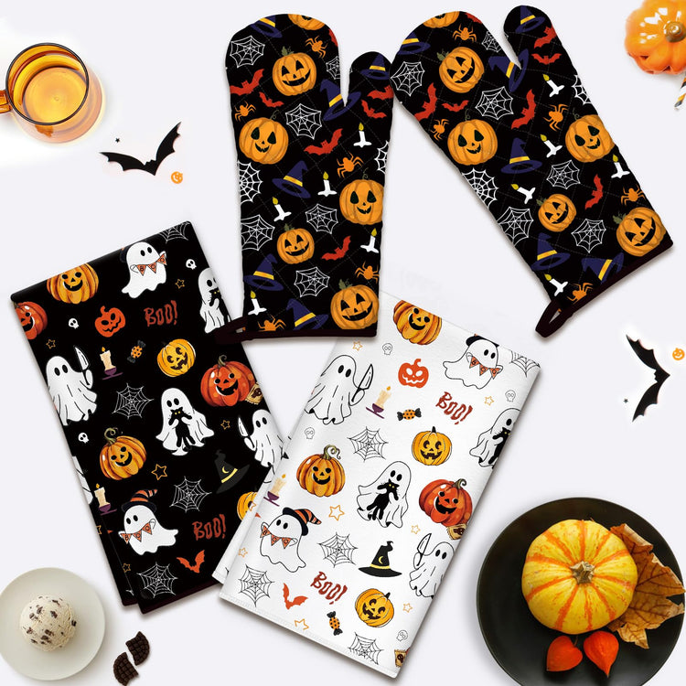 Halloween Pumpkin Kitchen Towels and Oven Mitts Set (4 Count)