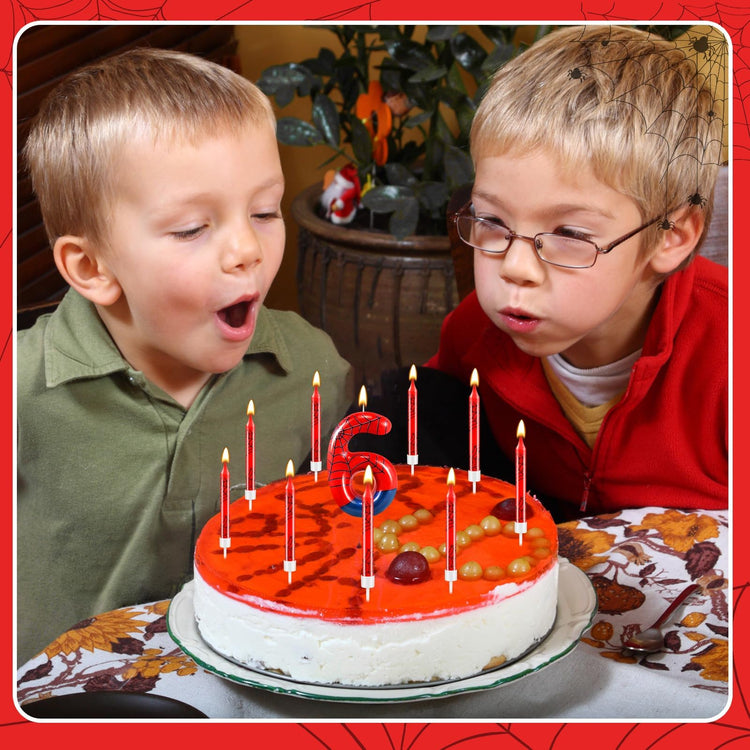 13 Pcs Spider Themed Birthday Candle Set Red Spider Theme Number 6 Candle Cake Topper for Boys Girls Birthday Decoration Spider Party Decoration Supplies (13 Count)