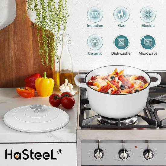 Small 3 Quart Dutch Oven, HaSteeL Round Cast Iron Cooking Pot with Lid, Nonstick Enameled Cookware for Sourdough Bread Baking Roasting Stewing Braising Frying, Heavy Duty & Oven Safe 500℉, White - Nestoria