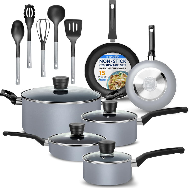 SereneLife Kitchenware Pots & Pans Basic Kitchen Cookware, Black Non-Stick Coating Inside, Heat Resistang Lacquer (11 Piece set), One Size, Gray