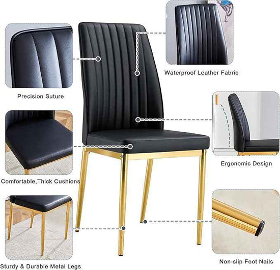 Black Dining Chairs Set of 4 Modern Kitchen Chairs PU Leather Chair with Metal Legs Armless Upholstered Chair for Dinner Room, Office, Waiting Room(Set of 4, Black Golden)