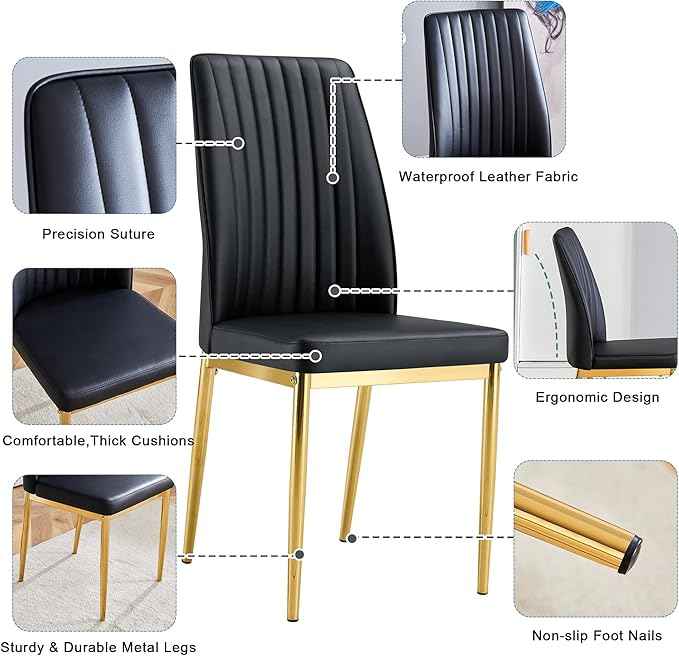 Black Dining Chairs Set of 6 Modern PU Leather Kitchen Chairs with Metal Legs Armless Upholstered Chair for Dinner Room, Office, Waiting Room(Set of 6, Black Golden Chair)