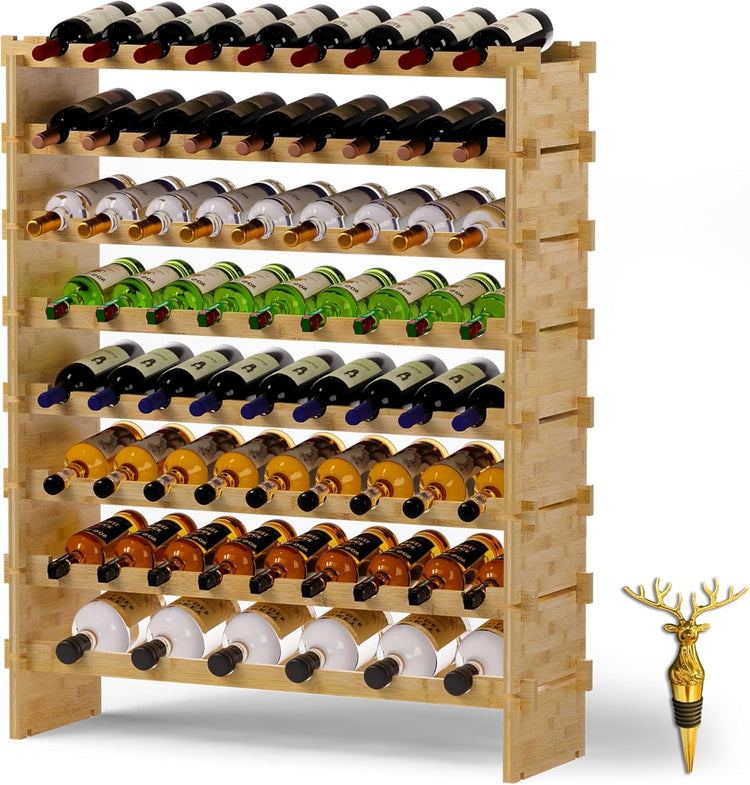 Wine Rack Freestanding Floor, Bamboo 8-Tier 69 Wine Bottle Holder Racks Countertop Cabinet Display, Wooden Stackable Modular Wine Storage Organizer Shelves for Kitchen Bar Cellar Dining Room Natural