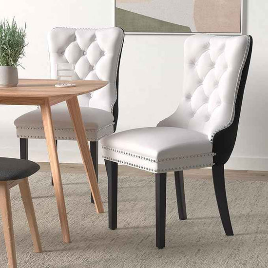 Dining Chairs Set of 2, Upholstered Dining Room Chairs with Back Ring Pull Trim and Solid Wood Legs, Modern Tufted Kitchen Chairs Perfect for Dining Room, White Pu Leather Splicing Black Velvet