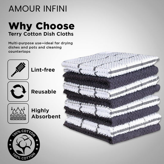 AMOUR INFINI Cotton Kitchen Dish Cloths Set of 8 – Highly Absorbent, Super Soft Premium Terry Cleaning Cloth (12"x12" Inch) Premium Dishcloths for Washing Dishes (Dark Grey) - Nestoria
