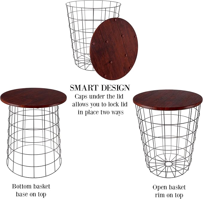 End Tables Set of 2 - Nesting Tables with Removable Wood Tops and Metal Wire Baskets for Blanket Storage - Round Side Furniture for Living Room, Bedroom, or Home Office by Lavish Home (Cherry/Black)