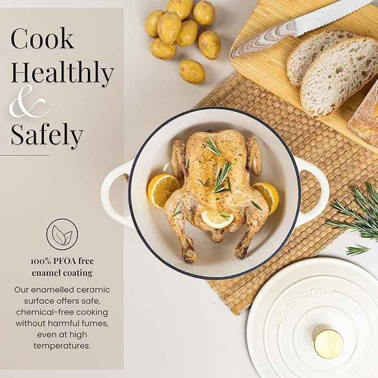 Nuovva Enamelled Cast Iron Dutch Oven Pot with Lid 7.3 Quart Non Stick Casserole Pot – Heavy Duty & Oven Safe up to 500° F for Bread Baking, Braising, Stews, Roasting – 30cm Cream