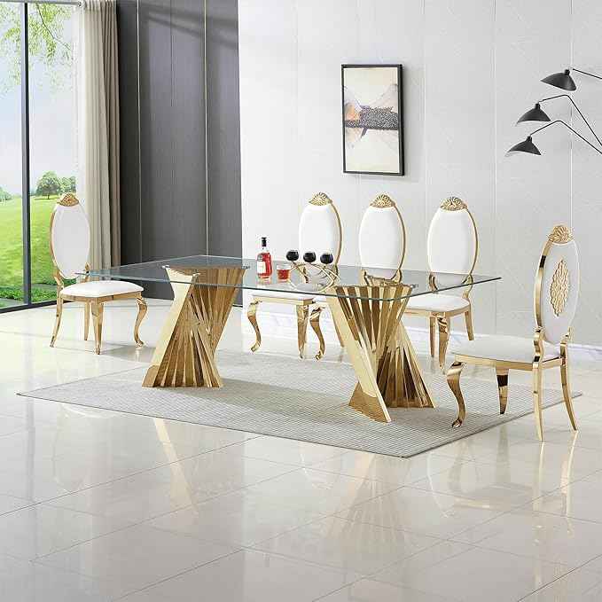 94" Modern Glass Gold Dining Table for 8-10, Luxury Kitchen Table with Tempered Glass Top & Mirror Finish Stainless Steel Base, Large Dinner Pedestal Tables for Home Banquet Hall Room, Only Table