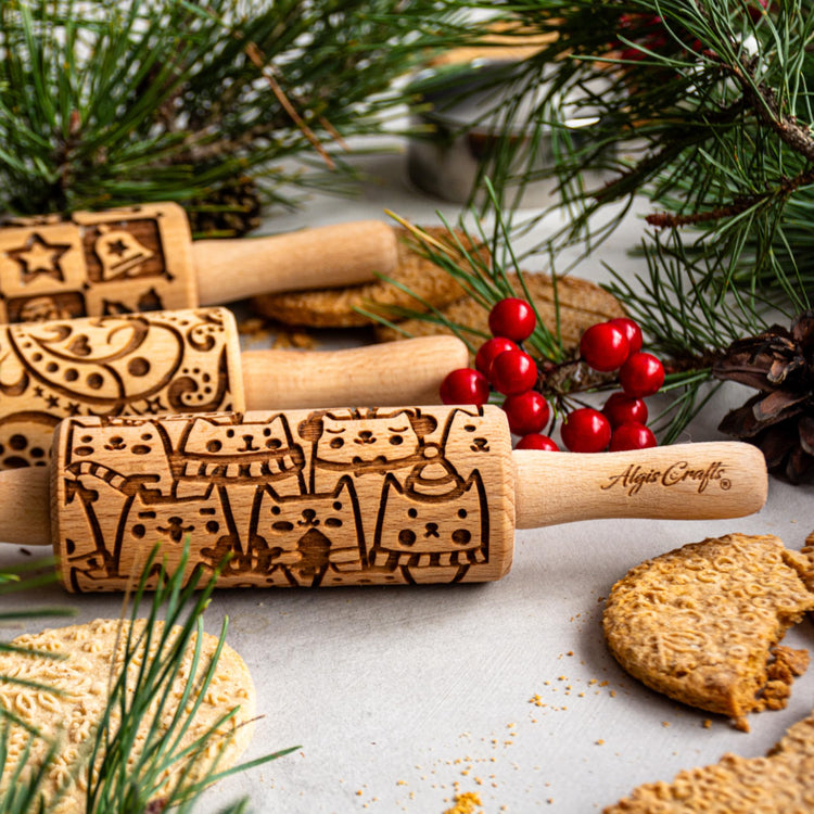 CHRISTMAS FEST 3 Mini Embossed Rolling Pin Set. Wooden Laser Engraved Textured rolling pins for Cookies