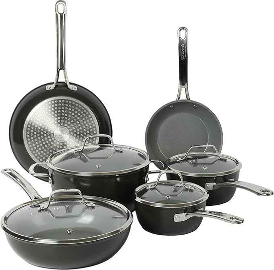 Sur La Table Kitchen Essentials 10 Piece PFA Free Titanium Ceramic Nonstick Interior Forged Aluminum Cookware Pots and Pans Set - Black - Induction Compatible