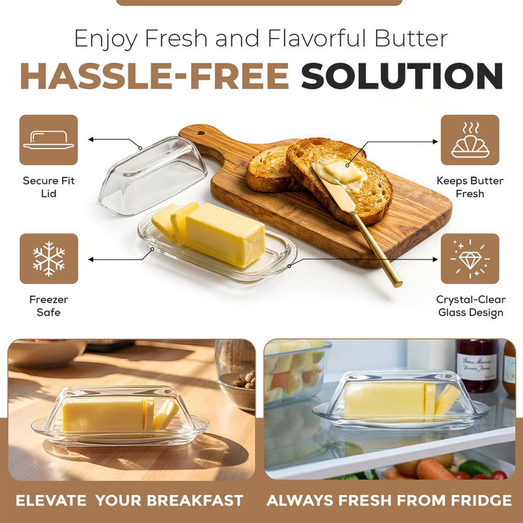 Clear Glass Butter Dish with Lid for Countertop & Refrigerator