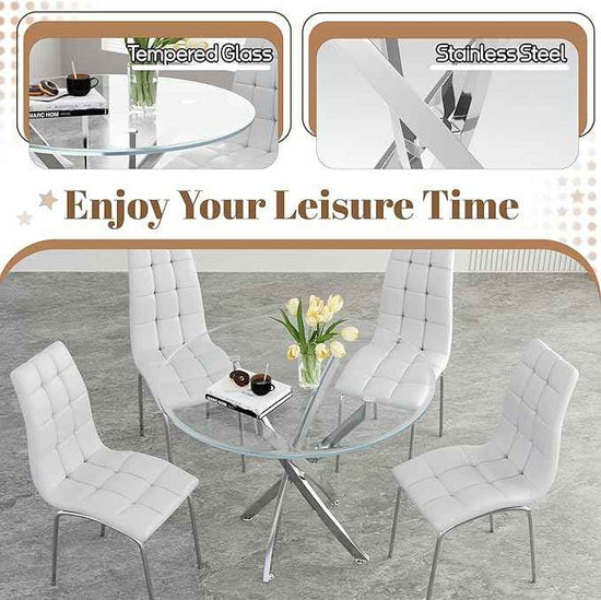 5 Piece Round Glass Dining Table Set, Round Tempered Glass Kitchen Table Set for 4, Modern Table Set with 4 High-Back Upholstered Chairs for Kitchen Dining Room (Silver Legs, 4 White Chairs)