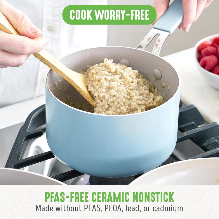 GreenLife 2 Quart Nonstick Saucepan with Lid, Lightweight Healthy PFAS-Free Milk Pan, Dishwasher & Oven Safe Soup Pan, Durable Body, Silicone Stay-Cool Handle, Easy Release Chef’s Pan, Blue Haze