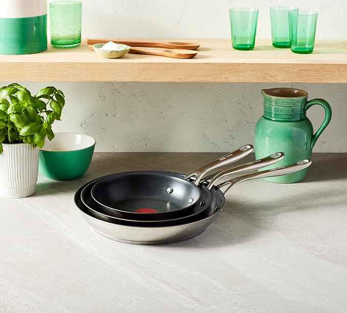 T-Fal Jamie Oliver Cooks Direct, Stainless Steel Non-stick Frying Pan 3 Pcs Set (20/24/28cm) (8/9/11 Inches) with Induction