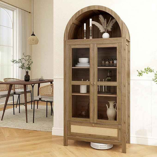 TYBOATLE 71" Tall Arched Pantry Cabinet with Innovative Drawer, Kitchen Cabinet with Anti-Tipping Device and Glass Door, Versatile Cupboard for Kitchen, Dining, Natrual