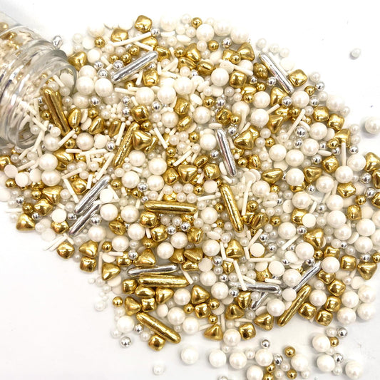 White Deluxe Gold Sprinkles Candy Mixing Size Baking Edible Cake Decorations Cupcake Toppers Cookie Decorating Celebrations Wedding Shower Party Chirstmas Supplies 130g (4.6 Ounce)