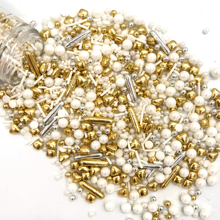 White Deluxe Gold Sprinkles Candy Mixing Size Baking Edible Cake Decorations Cupcake Toppers Cookie Decorating Celebrations Wedding Shower Party Chirstmas Supplies 130g (4.6 Ounce)