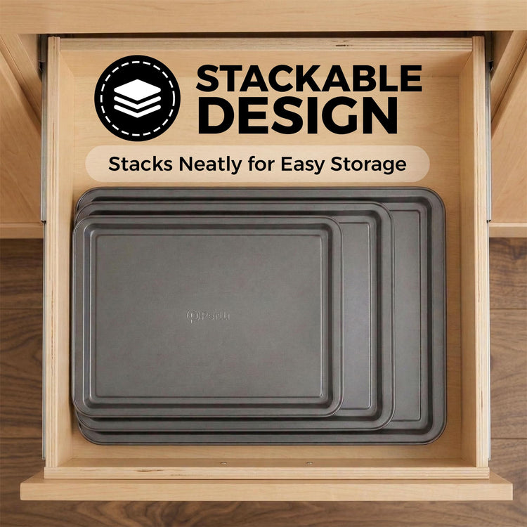 Non-Stick 3-Piece Baking Pan Set – Carbon Steel with Even Heat Distribution, Oven Safe to 446°F, BPA-Free, Dishwasher Safe, Stackable Baking Tools for Easy Storage and Everyday Cooking - Gray (3 Count)