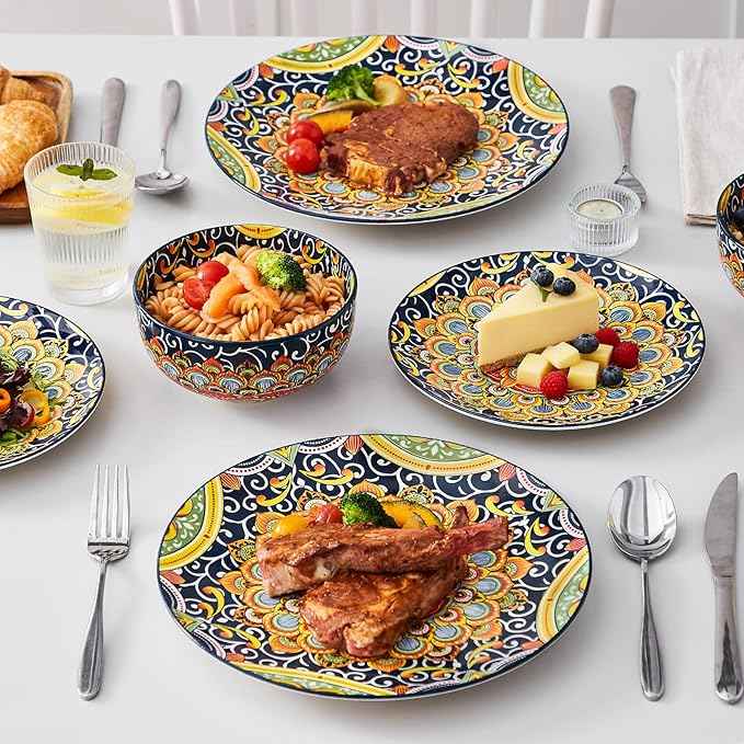 vancasso 12 Pieces Dinnerware Sets, Dark Green Plates and Bowls Set, Porcelain Dishes Set for 4, Microwave and Dishwasher Safe, Scratch Resistant, Bohemian Style Dining Ware Service for 4, Series SIMI
