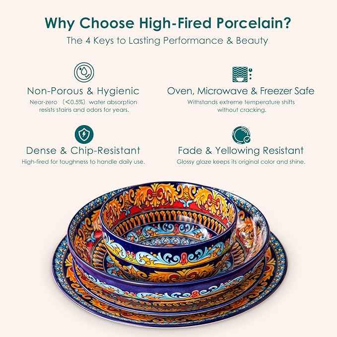 vancasso 24-Piece Dinnerware Sets,Plates & Bowls Sets Service for 6, Bohemian Porcelain Dishes Set for 6, Kitchen Dinner Set,Microwave & Dishwasher Safe, Scratch Resistant,Series KRVI