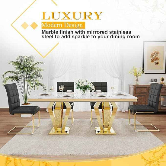 7 Piece Luxury Dining Room Set, Modern Dining Table and Upholstered Chairs Set, Marble Kitchen Table Set for 6, Big Kitchen Dinner Tables Kit with Silver Base