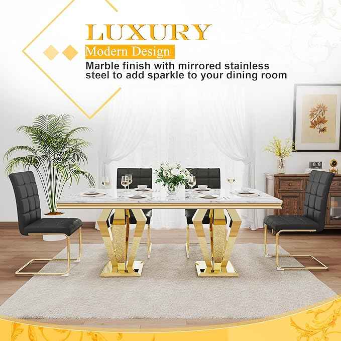 7 Piece Luxury Dining Room Set, Modern Dining Table and Upholstered Chairs Set, Marble Kitchen Table Set for 6, Big Kitchen Dinner Tables Kit with Silver Base