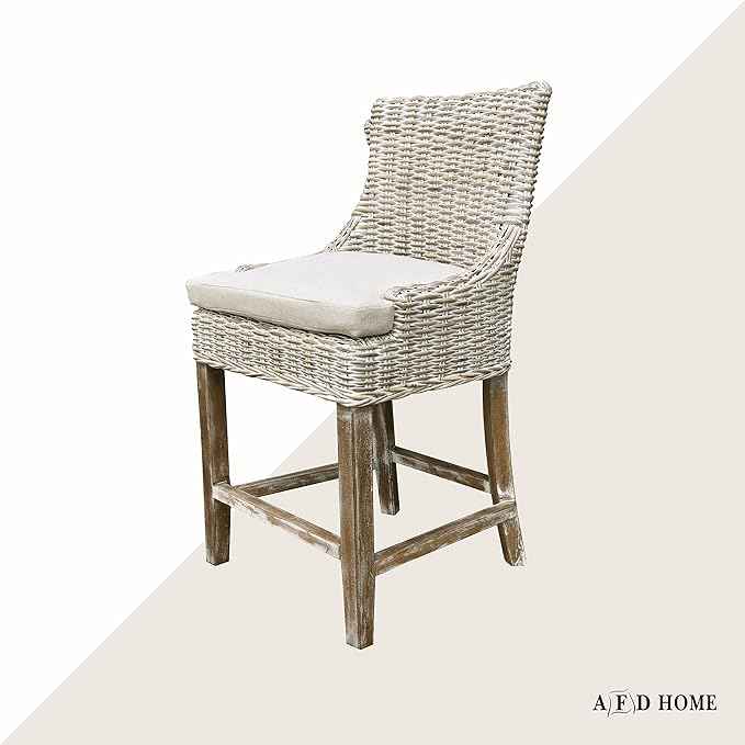 Alfresco Kuba-Weave Counter Stool, Wooden Stool, Kitchen Counter Stool, 23 Inch Seat Height, Off White