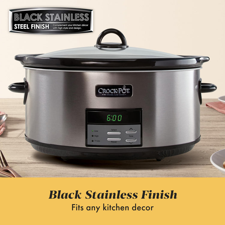 Large 8 Quart Programmable Slow Cooker with Auto Warm Setting Black Stainless Steel