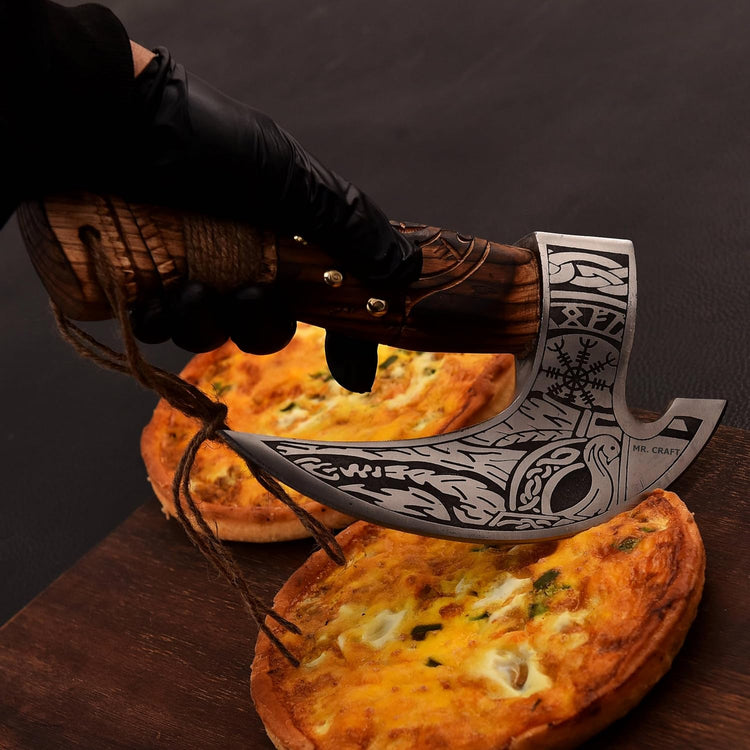 MR. CRAFT Pizza Cutter Axe Carbon Steel Slicer Chef Viking Axe with Leather Cover - Premium Pizza Oven Accessories Ulu Rocking Pizza Gifts for Men (Engraved Ash Wood)