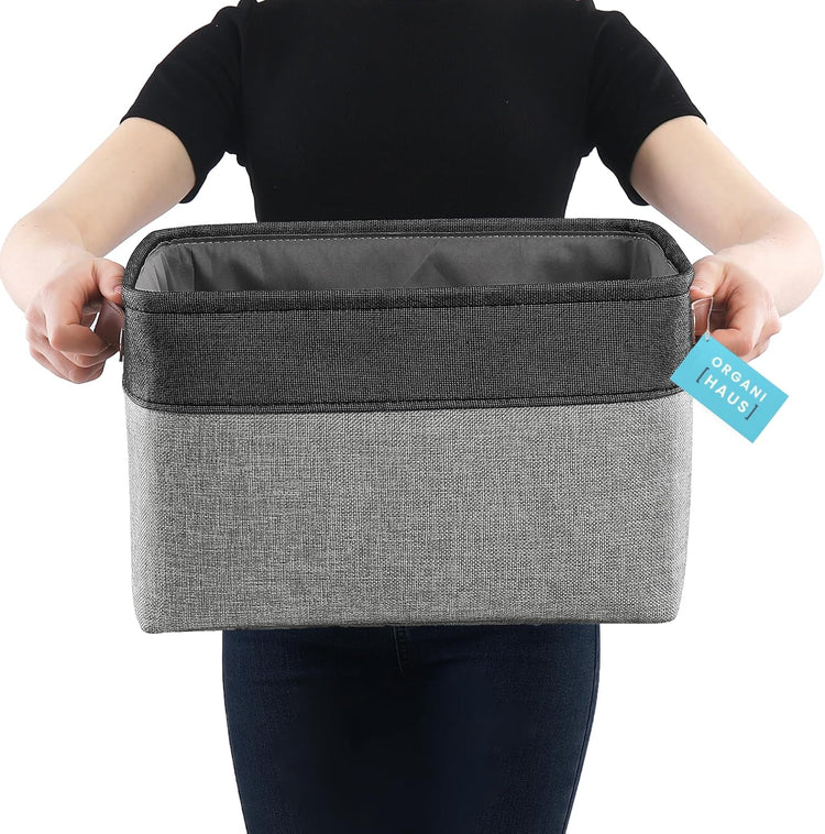 OrganiHaus Large Fabric Storage Baskets for Shelves 3 Pack | 15x11in Closet Storage Bins for Shelves | Clothes Storage Bins for Organizing | Linen Closet Organizers | Fabric Basket, Gray/Black