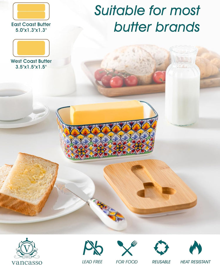 vancasso SIMI Butter Dish with Lid, 6.5" Large Butter Dish for Countertop, Bohemian Ceramic Butter Keeper Container with Knife and Bamboo Lid, Butter Holder for Counter, Golden Bloom