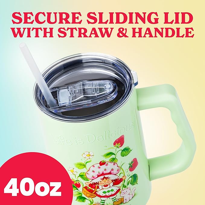 Silver Buffalo Strawberry Shortcake and Custard “Life is Delicious!” Double Walled Stainless Steel Tumbler with Handle, Fits in Standard Cup Holder, 40 Ounces
