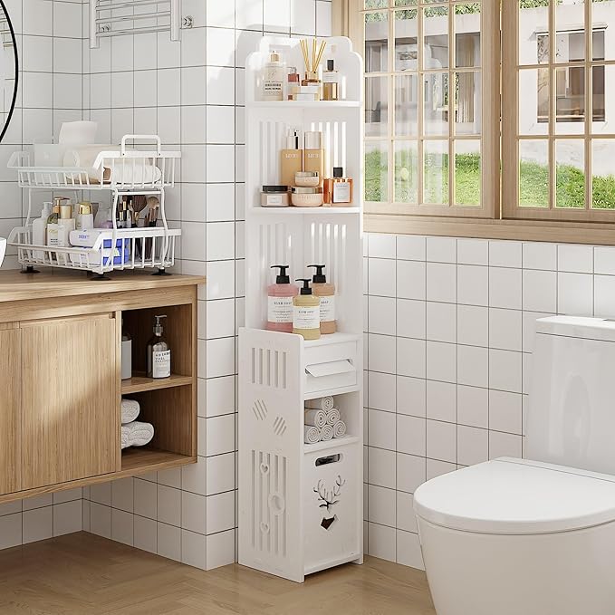 VECELO Storage Cabinet for Small Spaces,Skinny Toilet Paper Holder Stand with 3 Shelves,No Drills, (White, 3Shelf+1Drawer)