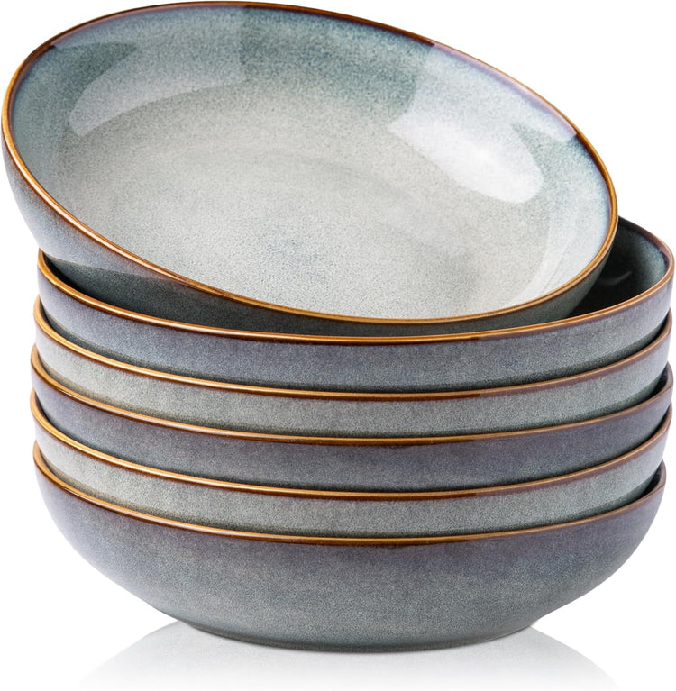 AmorArc 8.5'' Large Pasta Bowls, 36oz Ceramic Pasta Serving Bowls Set of 6 for Kitchen, Wide Bowls for Pasta,Salad,Oatmeal, Microwave Safe, Ocean Blue