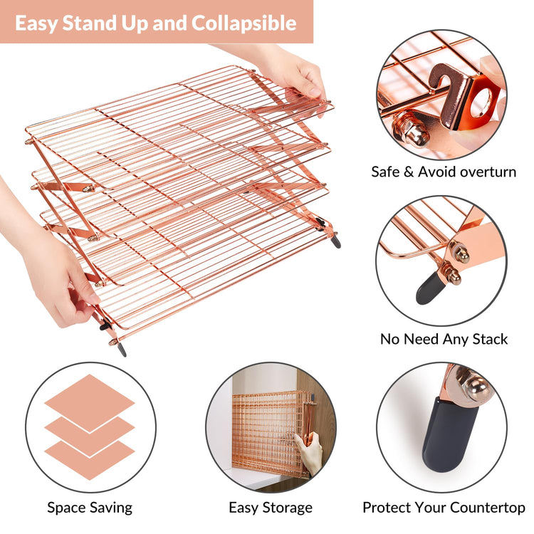2/3/4-Tier Collapsible Cooling Rack with Adjustable 3 Setting Design Stackable Cooling Roasting Cooking for Cookies Baking - Copper Cooking Utensils