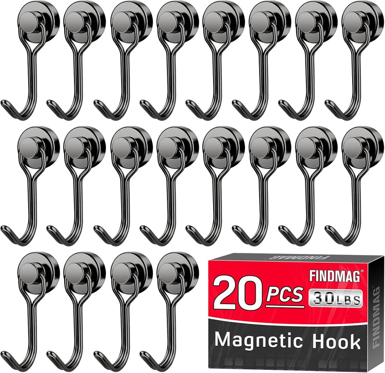 FINDMAG Black Magnetic Hooks, 30lbs+ Strong Magnetic Hooks for Refrigerator, 2025 Cruise Ship Essentials, Swivel Swing Magnet Hooks for Garage, Home Organizaton, Whiteboard, Office Supplies - 20 Pack