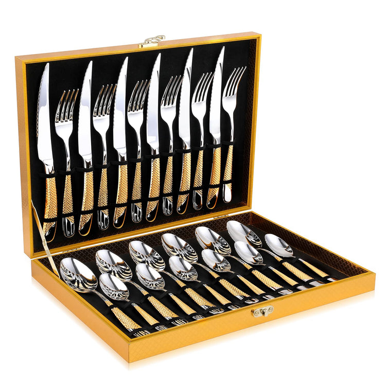 Hammered Silver Gold Silverware Set (24 Count)